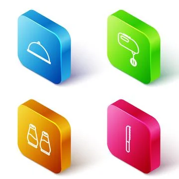 Set Isometric line Covered with tray, Electric mixer, Salt and pepper and Bread Stock Illustration