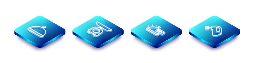 Set Isometric line Covered with tray of food, Scales, and Electric mixer icon Stock Illustration