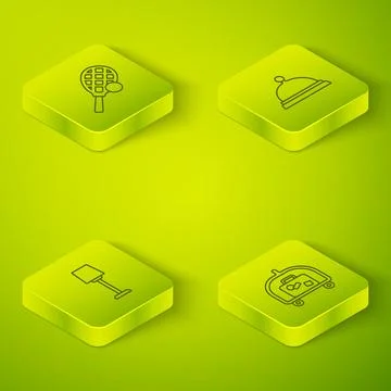 Set Isometric line Covered with tray of food, Table lamp, Hotel luggage cart and Illustrazione stock