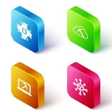 Set Isometric line CPU mining farm, Cryptocurrency cloud, Mining with laptop and Illustrazione stock