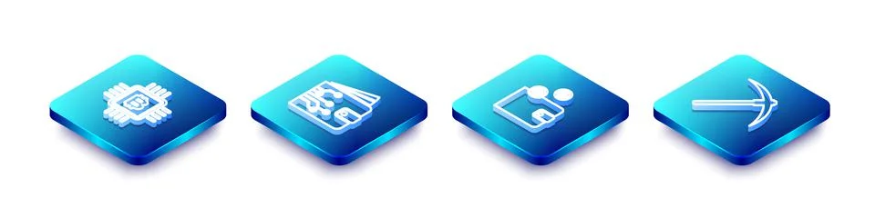Set Isometric line CPU mining farm, Cryptocurrency wallet, and Pickaxe icon Illustrazione stock