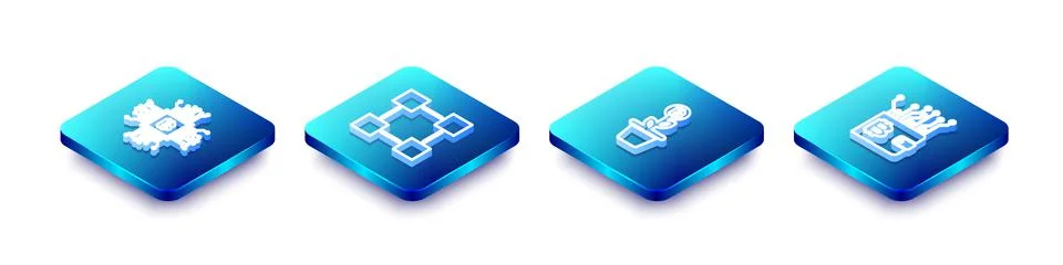 Set Isometric line CPU mining farm, Blockchain technology, Bitcoin plant the pot Illustrazione stock