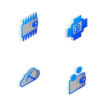 Set Isometric line CPU mining farm, Cryptocurrency wallet, cloud and icon Illustrazione stock