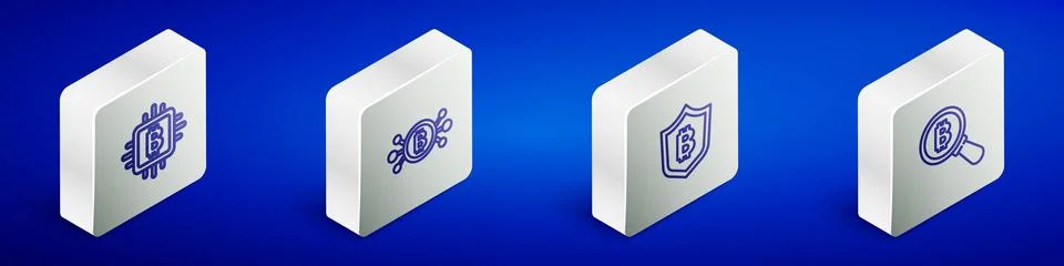 Set Isometric line CPU mining farm, Bitcoin circuit, Shield with bitcoin an.. Illustrazione stock
