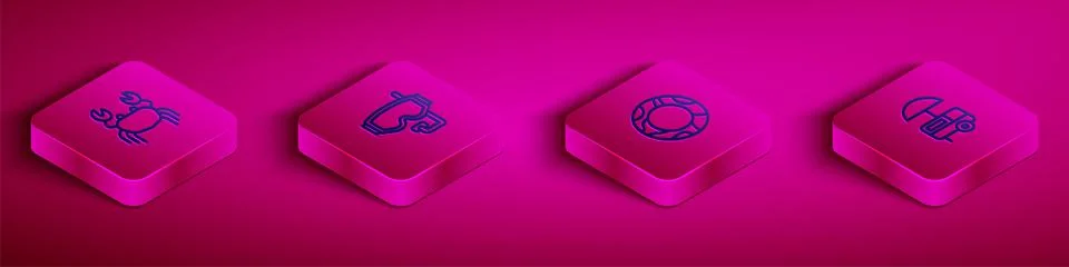 Set Isometric line Crab, Diving mask, Rubber swimming ring and Fast street food Illustrazione stock