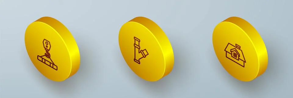Set Isometric line Crane hook, Industry metallic pipe and House icon. Vector Illustrazione stock