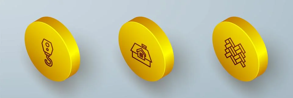 Set Isometric line Crane hook, House and Parquet icon. Vector Illustrazione stock