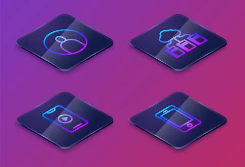 Set Isometric line Create account screen, Online play video, Cloud or online Stock Illustration