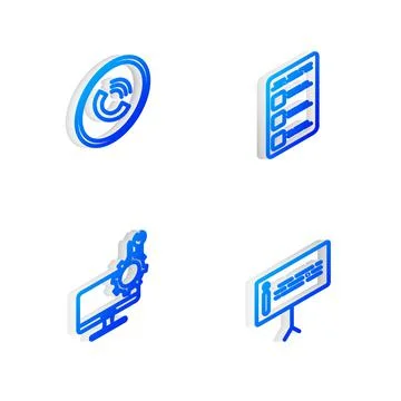 Set Isometric line Create account screen on mobile, Phone call, Computer monitor Illustrazione stock