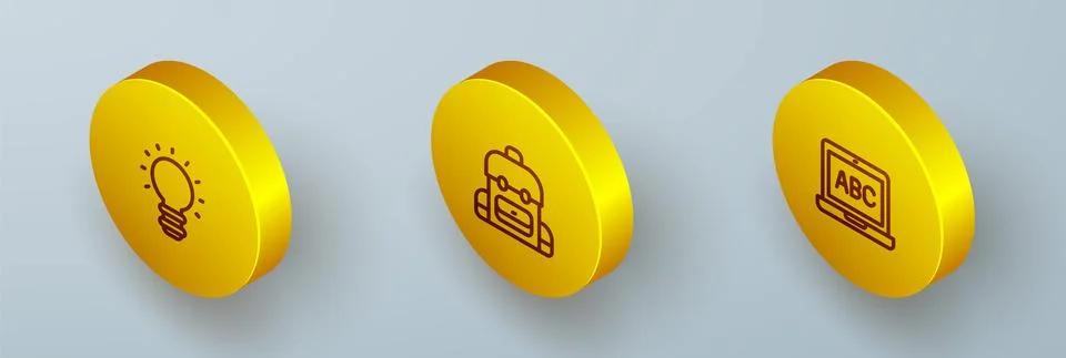 Set Isometric line Creative lamp light idea, School backpack and Laptop icon Stock Illustration