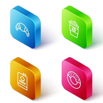 Set Isometric line Croissant, Coffee cup to go, Cookbook and Donut icon. Vect Stock Illustration