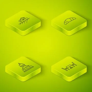 Set Isometric line Croissant, Museum building, French cafe and Village landsc Stock Illustration