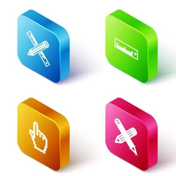 Set Isometric line Crossed ruler and pencil, Ruler, Pixel hand cursor and icon Stock Illustration