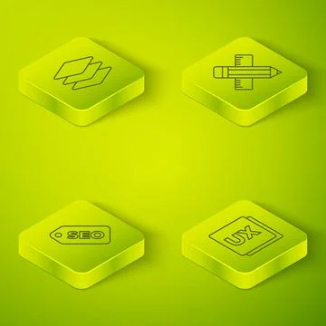 Set Isometric line Crossed ruler and pencil, SEO optimization, UI or UX design 스톡 일러스트