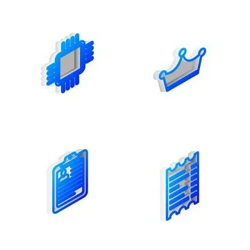 Set Isometric line Crown, Processor with CPU, Clipboard resume and Paper Stock Illustration