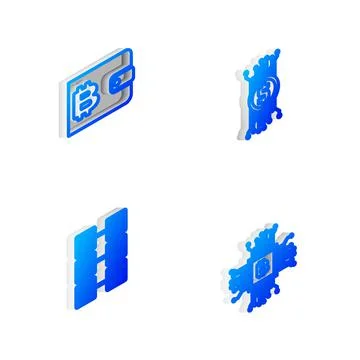 Set Isometric line Cryptocurrency bitcoin in circuit, wallet, Mining farm and Illustrazione stock
