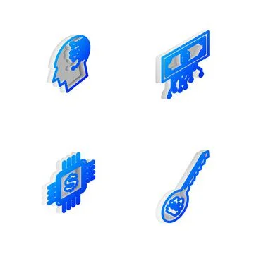 Set Isometric line Cryptocurrency bitcoin with circuit, Brain as digital board Stock Illustration