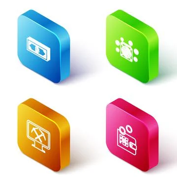 Set Isometric line Cryptocurrency bitcoin, ASIC Miner, Mining with monitor and Illustrazione stock