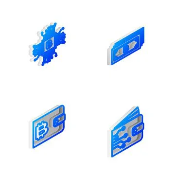 Set Isometric line Cryptocurrency bitcoin, CPU mining farm, wallet and icon Illustrazione stock