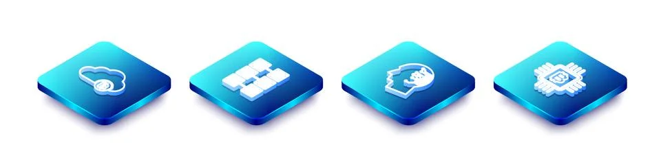 Set Isometric line Cryptocurrency cloud mining, Mining farm, Brain as digital 스톡 일러스트