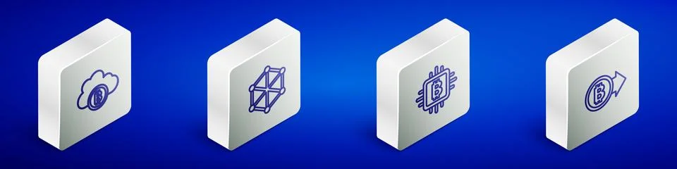 Set Isometric line Cryptocurrency cloud mining, Blockchain technology, CPU farm Illustrazione stock