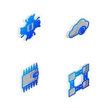 Set Isometric line Cryptocurrency cloud mining, Processor chip with dollar, w Stock Illustration