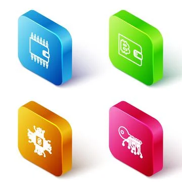 Set Isometric line Cryptocurrency wallet, , Processor chip with dollar and key Illustrazione stock