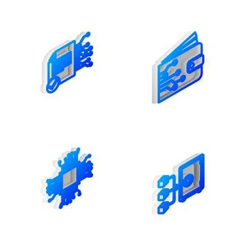 Set Isometric line Cryptocurrency wallet, Smart contract, Processor and Proof of Stock Illustration