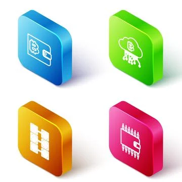 Set Isometric line Cryptocurrency wallet, cloud mining, Mining farm and  icon 库存插图