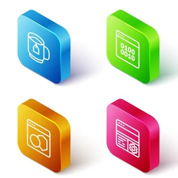 Set Isometric line Cup of tea with tea bag, Binary code, Software and Debugging Stock Illustration