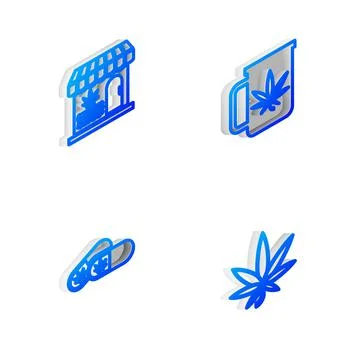 Set Isometric line Cup tea with marijuana, Marijuana and cannabis store, Medical Stock Illustration