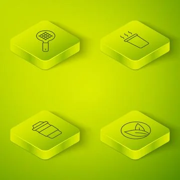 Set Isometric line Cup of tea, Tea leaf and strainer with handle icon. Vector Stock Illustration