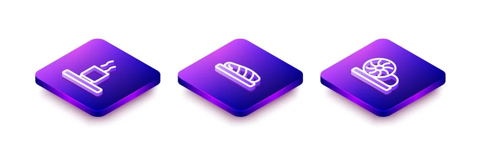 Set Isometric line Cup of tea, Fish steak and Xiao long bao icon. Vector Illustrazione stock