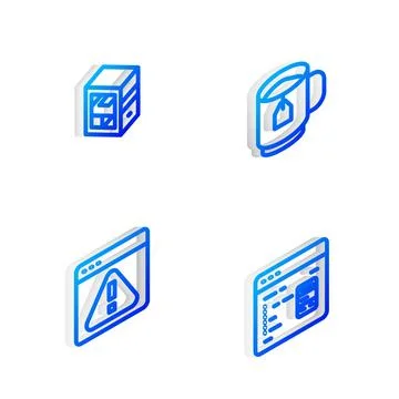 Set Isometric line Cup of tea with tea bag, Computer, Browser exclamation mark Stock Illustration
