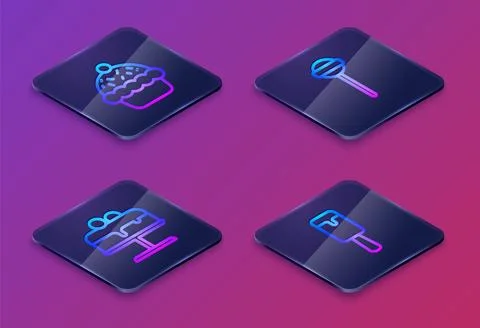 Set Isometric line Cupcake, Cake on plate, Lollipop and Ice cream. Blue squar Stock Illustration
