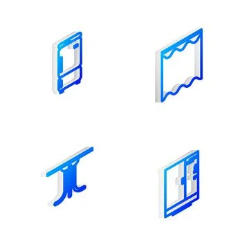 Set Isometric line Curtains, Refrigerator, Round table and Shower cabin icon. Stock Illustration