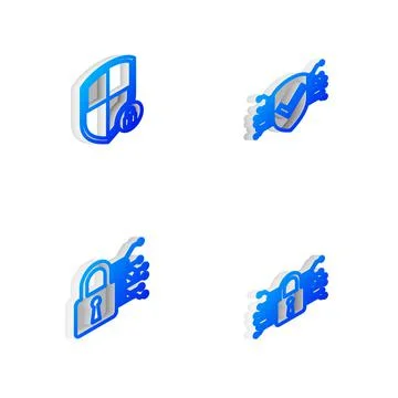 Set Isometric line Cyber security, Shield with lock, and icon. Vector 스톡 일러스트