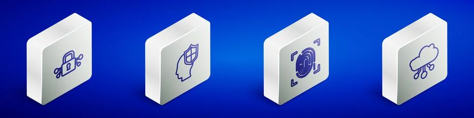 Set Isometric line Cyber security, Head with shield, Fingerprint and Internet of Stock Illustration