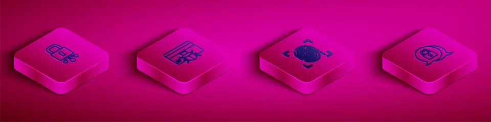 Set Isometric line Cyber security, System bug in credit card, Fingerprint and Illustrazione stock