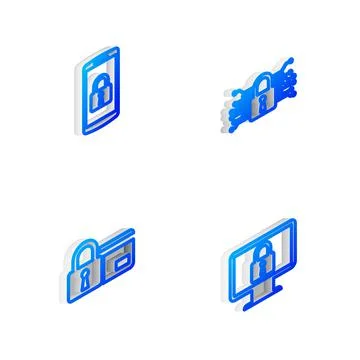 Set Isometric line Cyber security, Smartphone with lock, Credit card and Lock Stock Illustration
