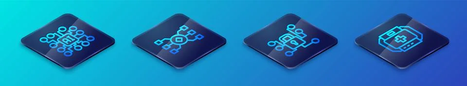Set Isometric line Cyber security, Neural network, First aid kit and icon Stock Illustration