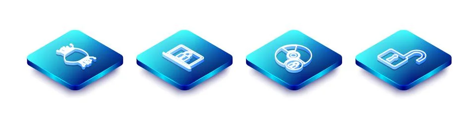 Set Isometric line Cyber security, Laptop and lock, CD or DVD disk with and Open Ilustración de archivo