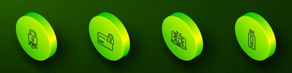 Set Isometric line Cyber security, Credit card with lock, System bug on monitor 스톡 일러스트