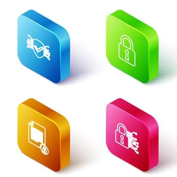 Set Isometric line Cyber security, Lock, Document and lock and icon. Vector Illustrazione stock