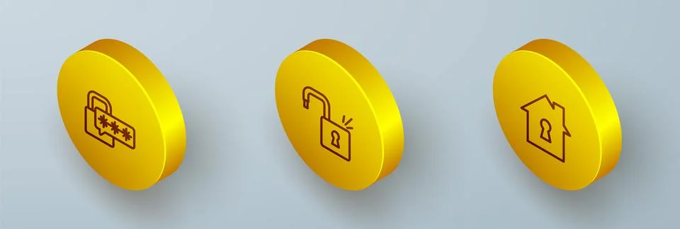 Set Isometric line Cyber security, Open padlock and House under protection ic Illustrazione stock