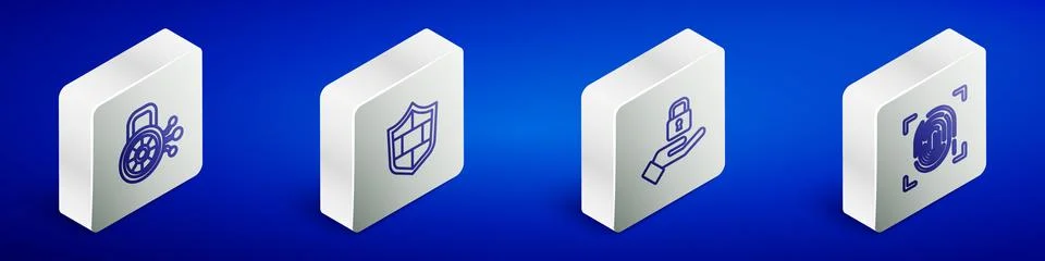 Set Isometric line Cyber security, Shield with brick wall, Lock in hand and 스톡 일러스트