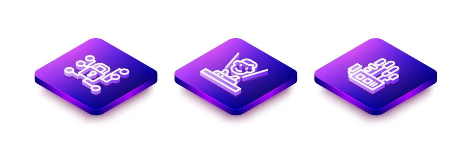 Set Isometric line Cyber security, Hologram and Mechanical robot hand icon Illustrazione stock