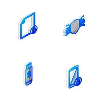 Set Isometric line Cyber security, Document and lock, USB flash drive with and Illustrazione stock