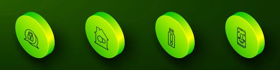 Set Isometric line Cyber security, Smart home, USB flash drive and Mobile and Stock Illustration