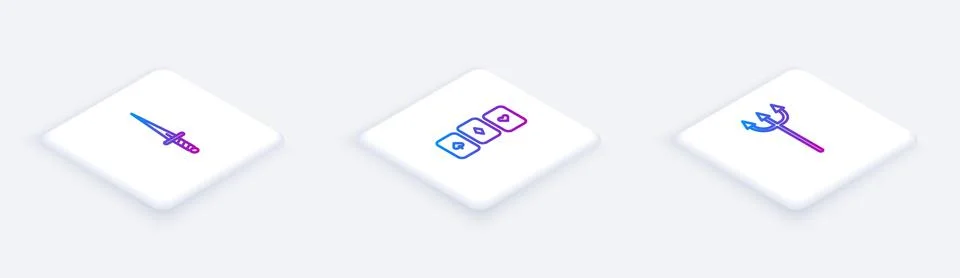 Set Isometric line Dagger, Playing cards and Neptune Trident. White square Stock Illustration